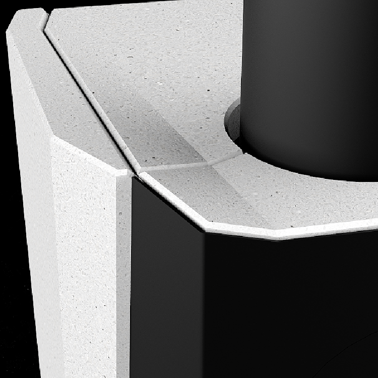 Complex craftsmanship brings out the sophisticated finesse of the corners and edges of the cast stone elements.