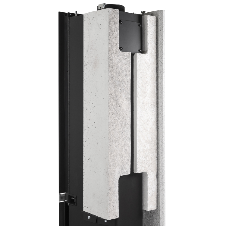 The heat storage modules guarantee diffused heat on the sides.