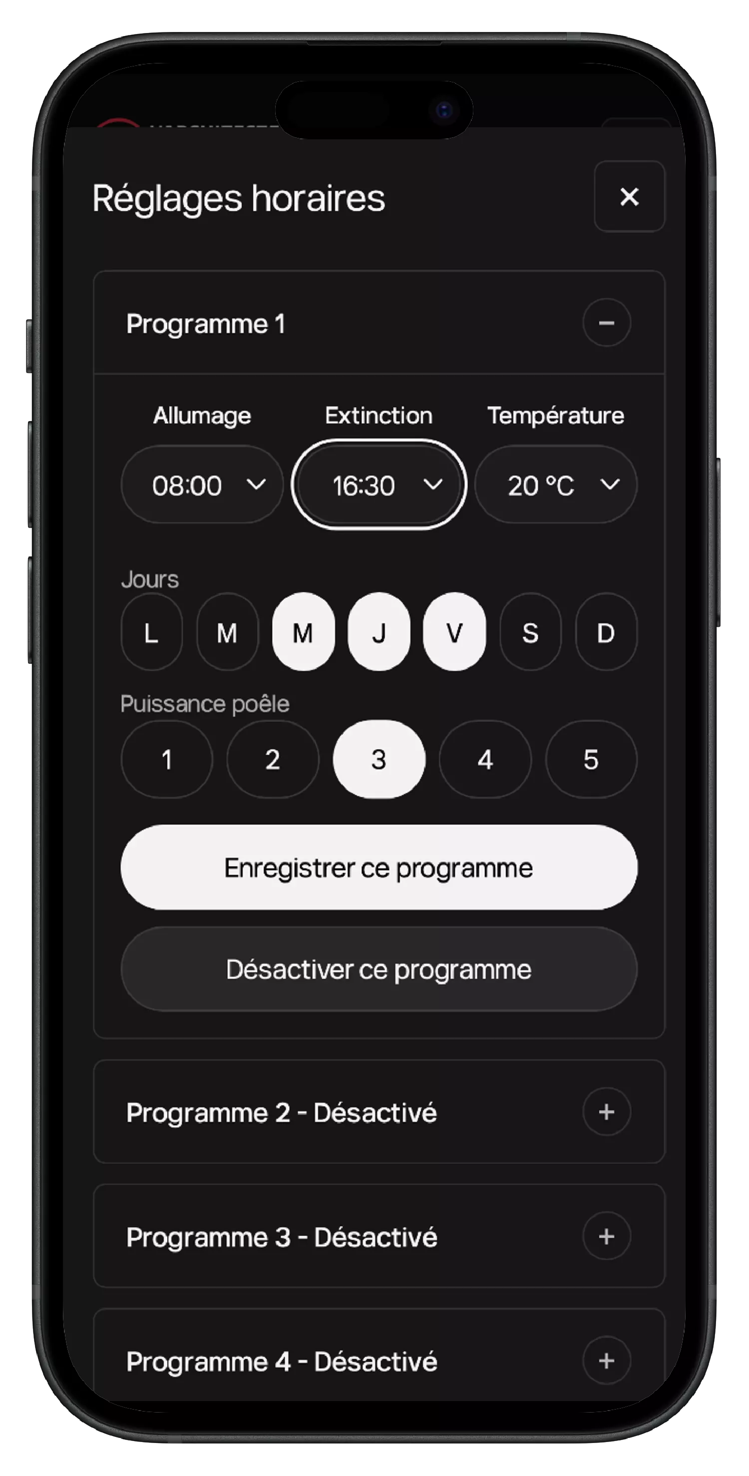 Carron-Lugon-app, brandtijden van de kachel