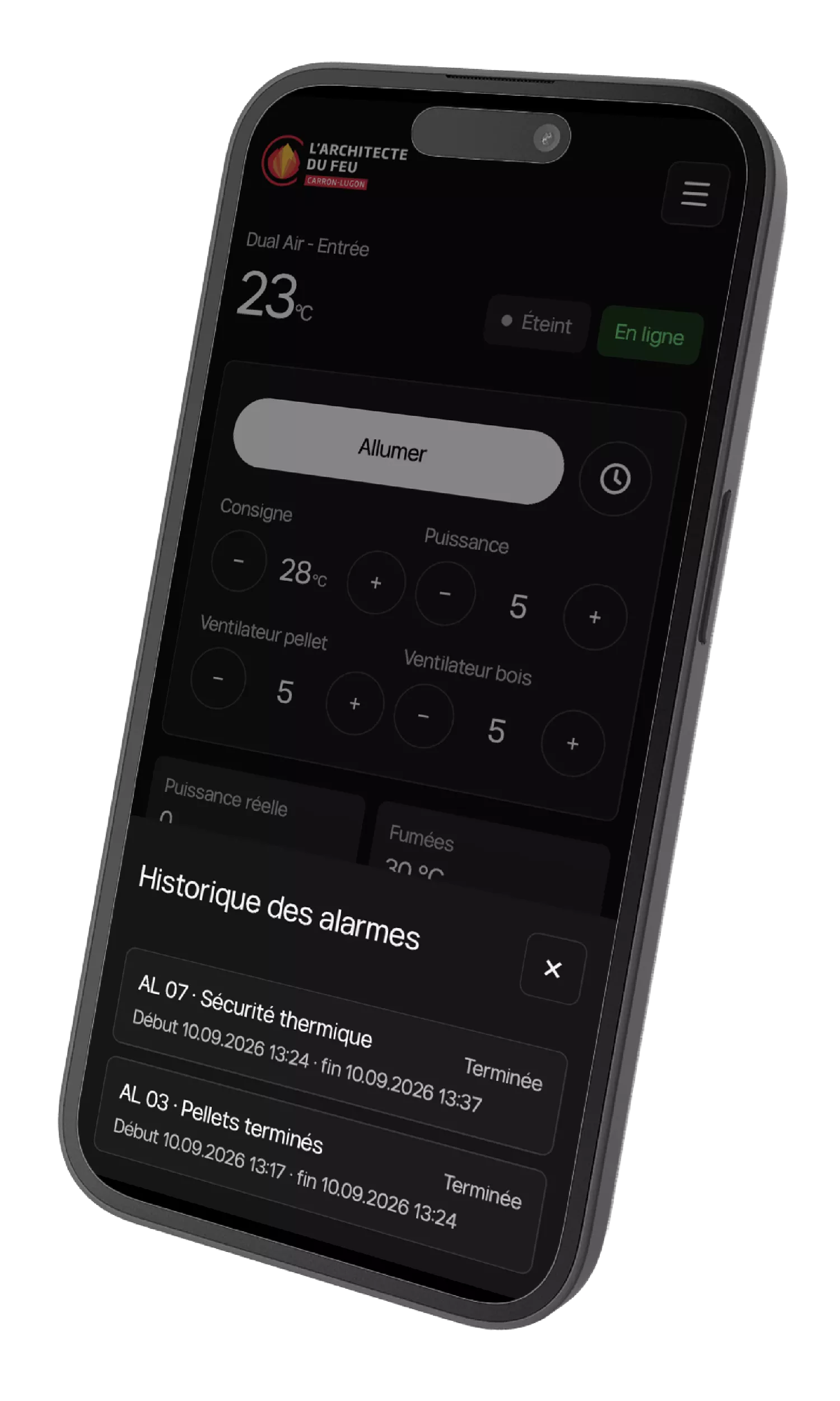 Carron-Lugon-app, alarmgeschiedenis en controle van de kachel