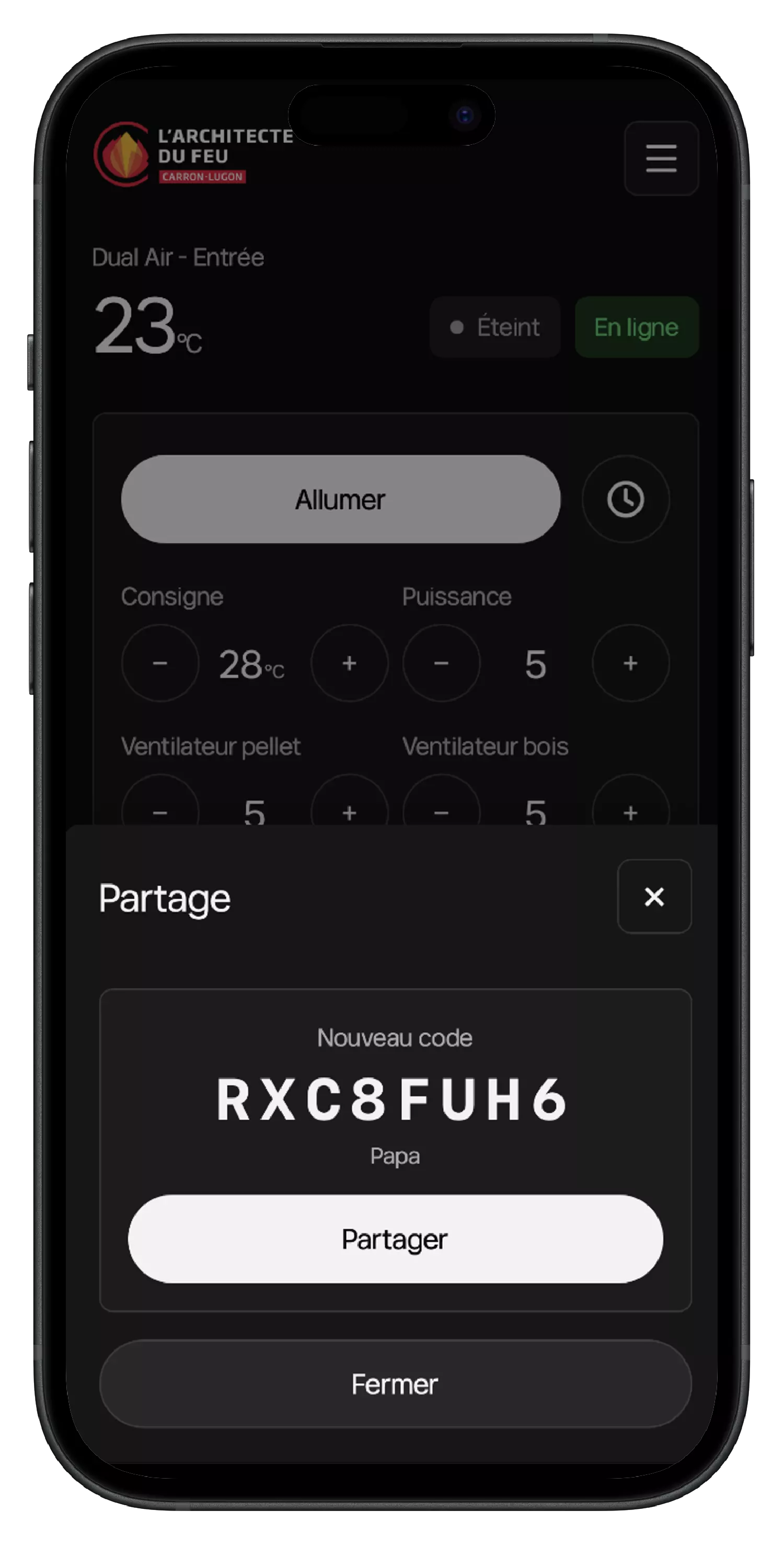 Carron-Lugon-app, deelcode van de kachel
