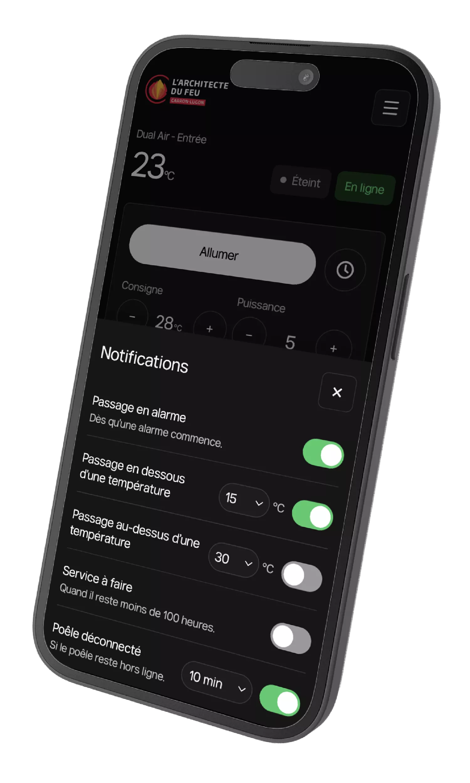 Carron-Lugon-app, statusmeldingen van de kachel