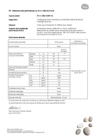 Déclaration de performances version 18